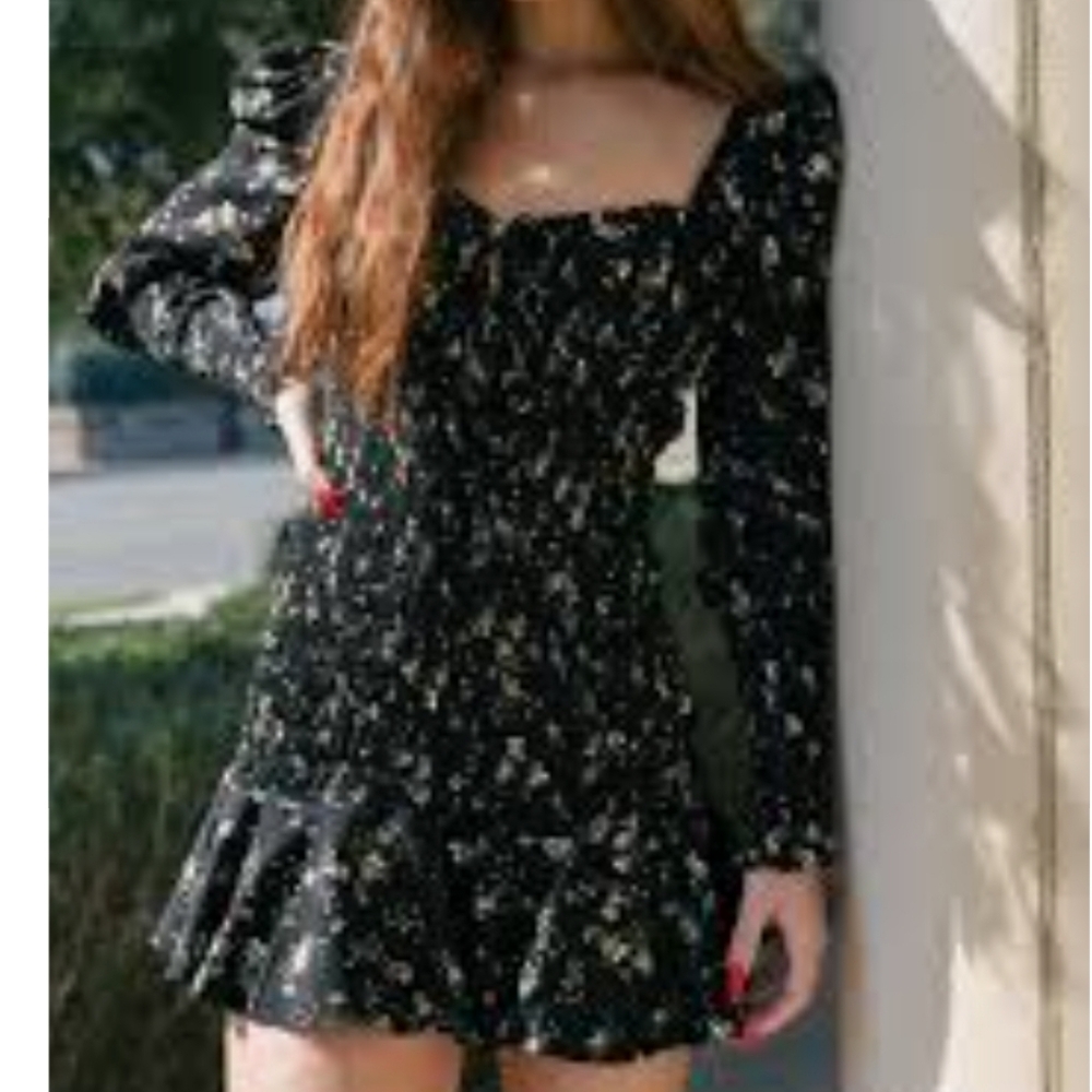 Black Ruffled Smocked Dress with Sweetheart Neckline
